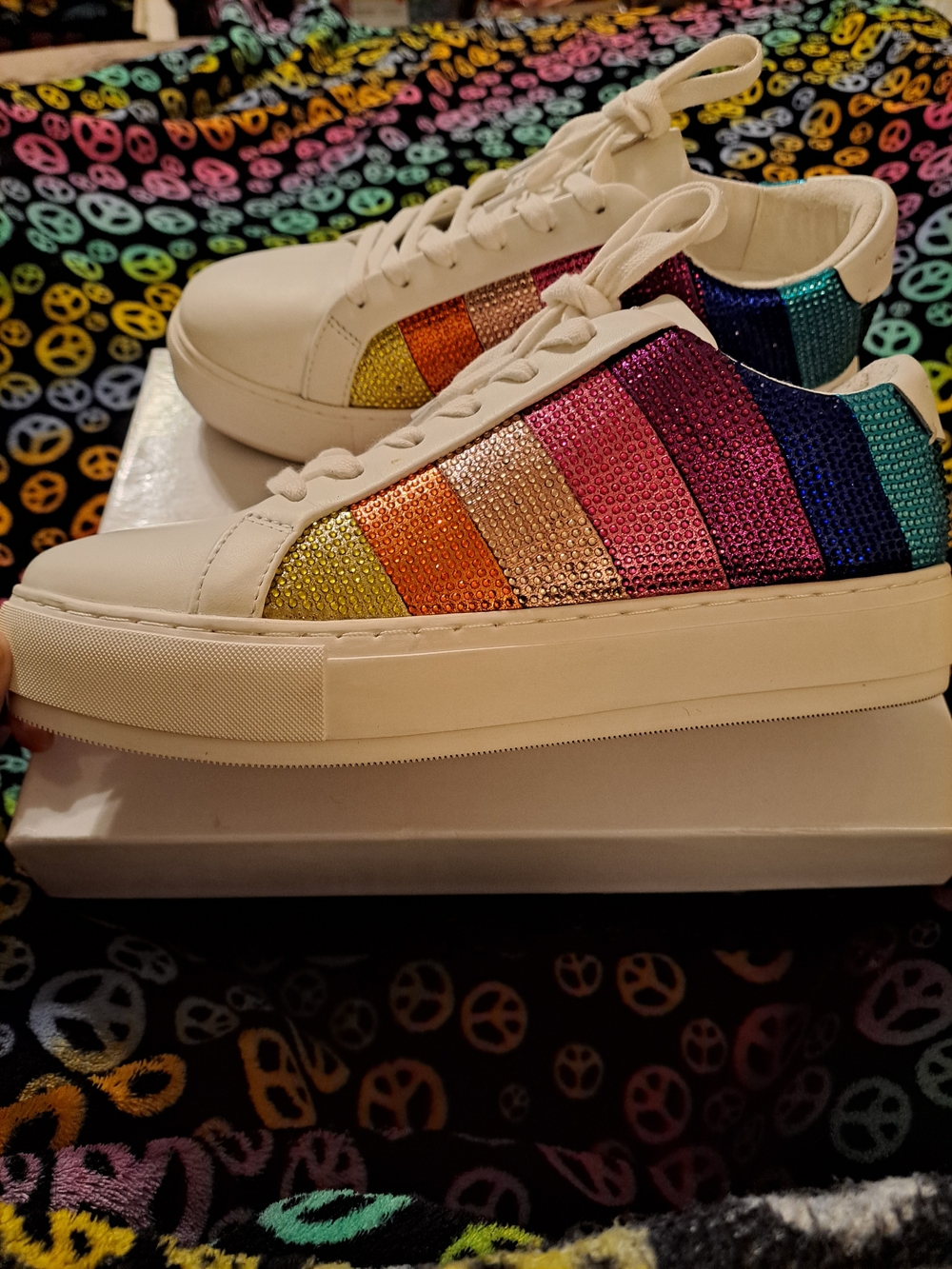 White Platform Sneakers With Rainbow Crystals - Size 10/Fit more like 9.5